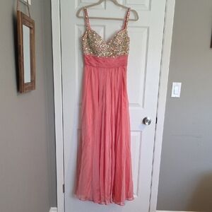 La Femme Coral Pink Sequin Bodice Chiffon Gown